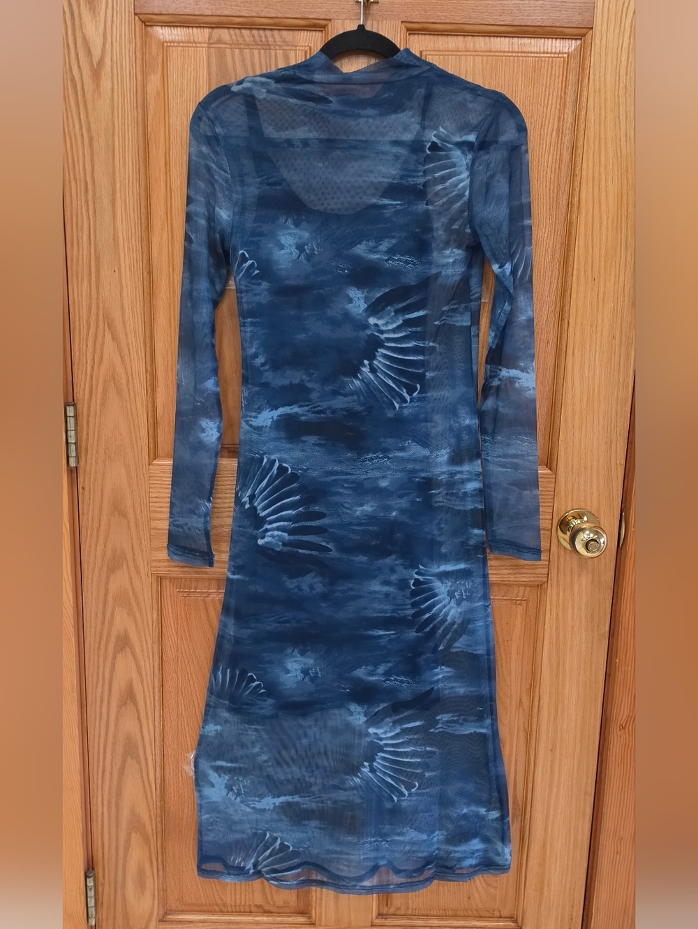 Frye Mainline Women's Ensign Blue Combo Sheer Sleeve Mesh Midi Dress, S, NWT - Picture 5 of 14